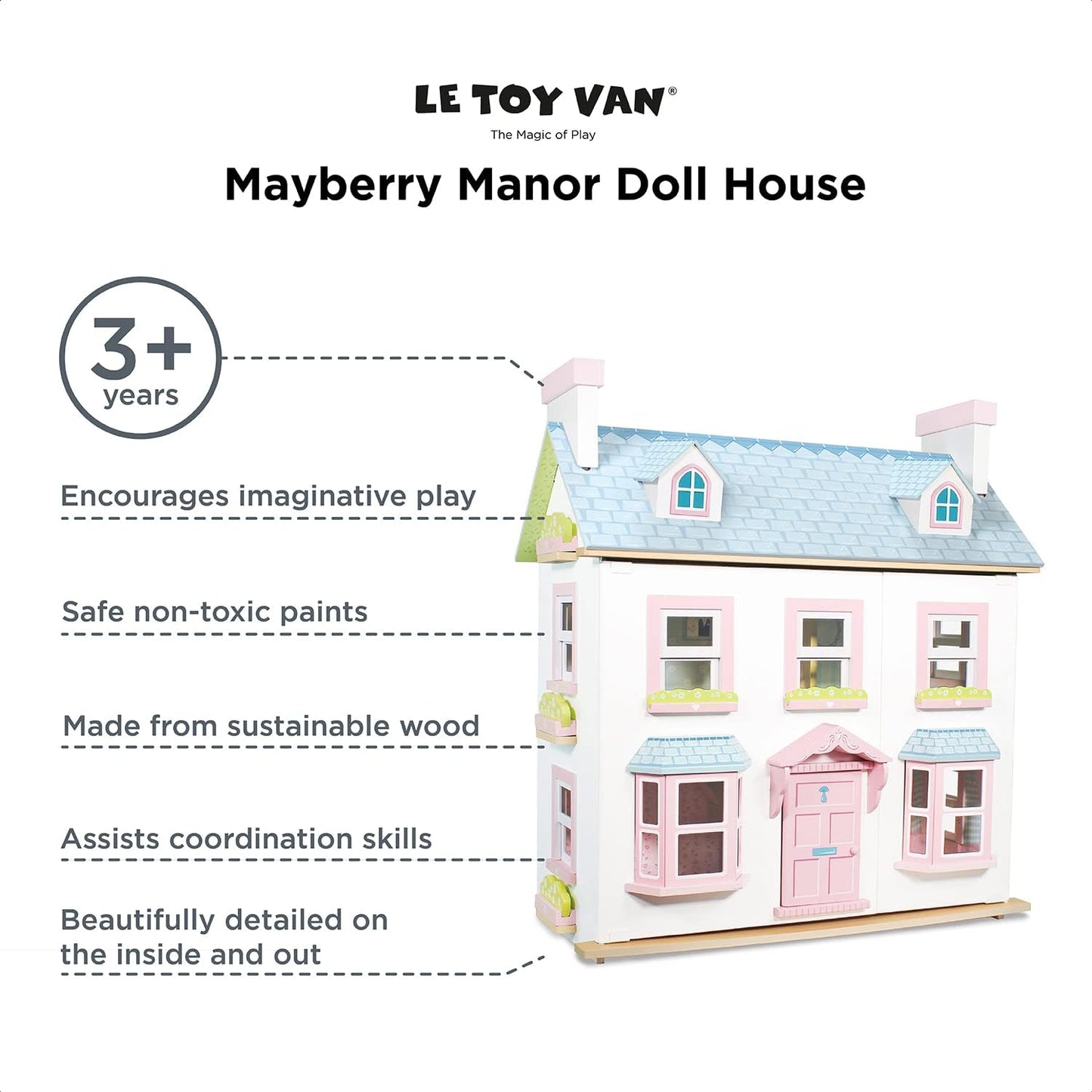 Le Toy Van- Casa de bonecas Mayberry Manor Grande casa de bonecas de madeira | Conjunto de jogos de casa de bonecas de madeira de 3 andares para meninas e meninos - adequado para maiores de 3 anos