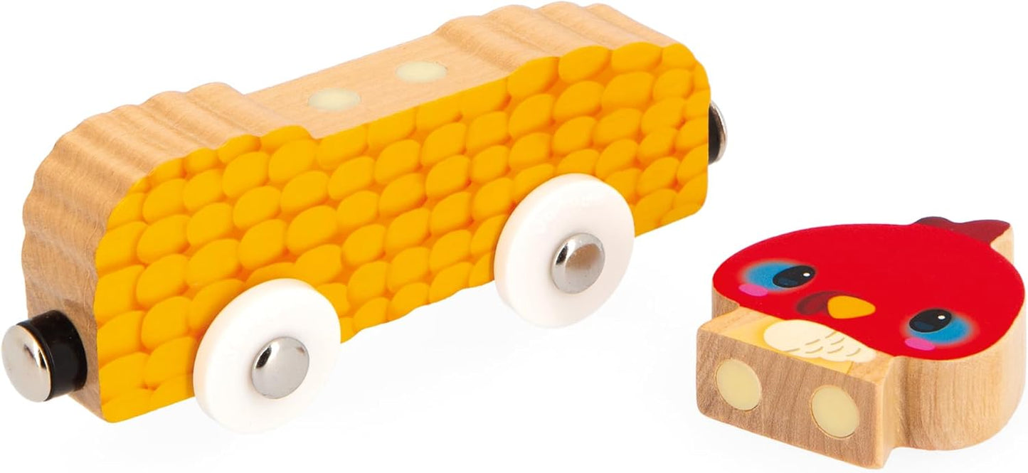 Janod - Animais de Fazenda Magnéticos - Brinquedo de Aprendizagem Precoce - 3 Veículos + 3 Animais em Madeira - Desenvolve Destreza - Jogo de Madeira FSC - 18 Meses +,