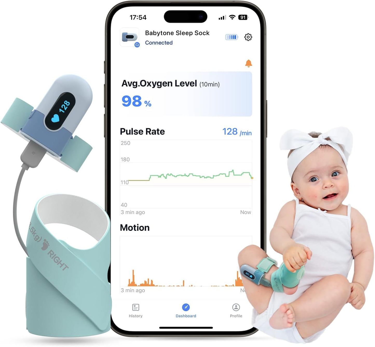 Babytone Baby Sleep Monitor, Meia Inteligente para Bebês que Monitora a Frequência Cardíaca, Nível de Oxigênio e Movimento, Monitor de Pés para Bebês Vestível com APP Bluetooth para Recém-nascidos de 0 a 36 Meses