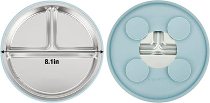PandaEar Conjunto de 3 pratos infantis em aço inoxidável com ventosa, prato dividido com ventosa para introdução alimentar BLW (Baby Led Weaning), conjunto antiderrapante para alimentação de bebês e crianças pequenas,