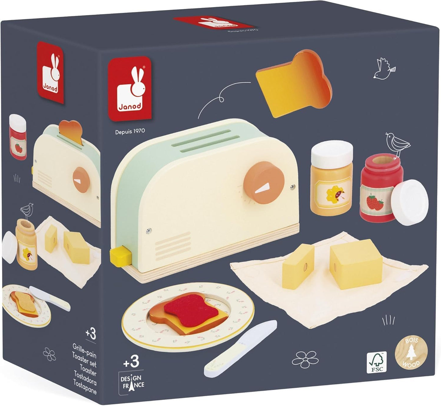 Janod - Torradeira de Madeira para Crianças - Jogo de Café da Manhã de Imitação - 10 Acessórios Inclusos - Com Torrada Saltitante - Desenvolve a Imaginação - A partir de 3 anos - J06636