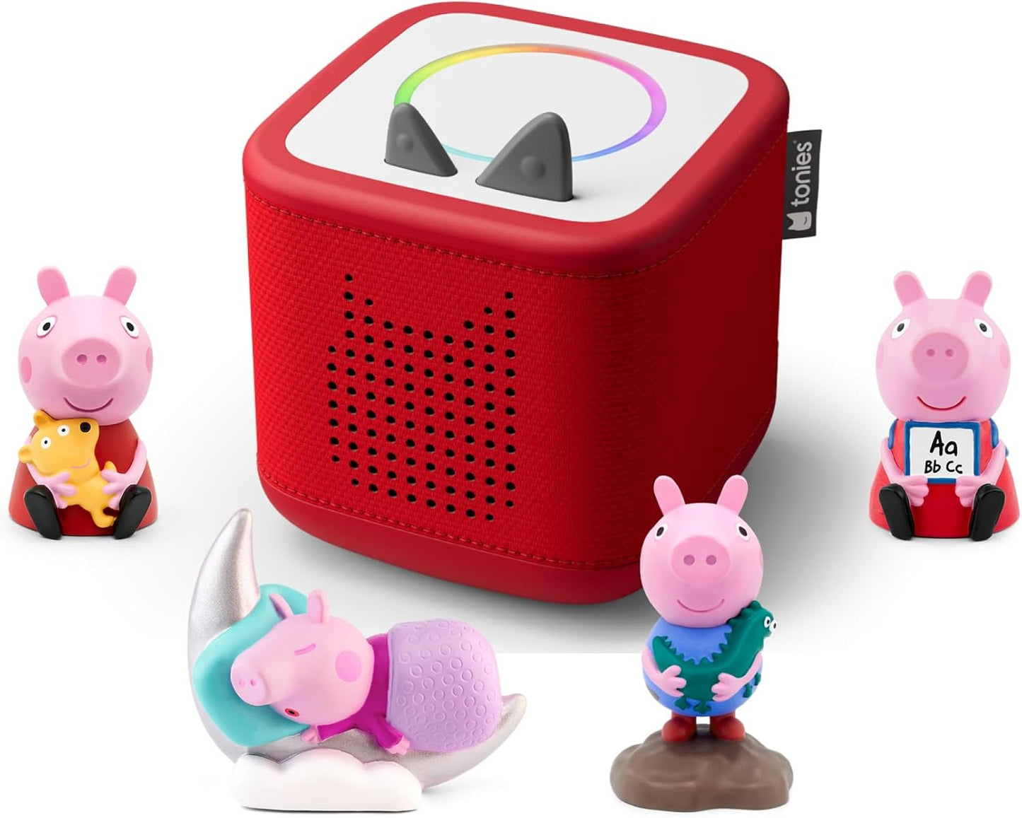 Pacote Toniebox 2 Tonies com 4 Tonies: Peppa Pig - George Pig, Histórias de ninar da Peppa, Peppa Pig - Aprenda com Peppa, Peppa Pig - Na estrada com Peppa, Sunset Red