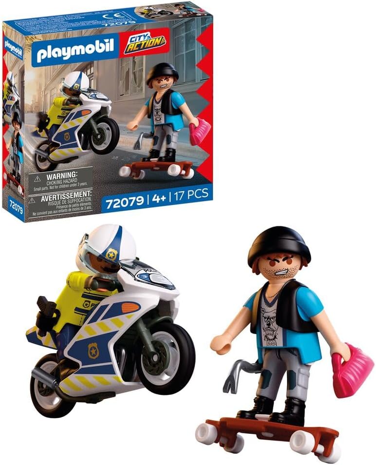 Playmobil City Action Perseguição Policial de Moto, Policial persegue ladrão de longboard, Estimula a criatividade, Brinquedo infantil para crianças a partir de 4 anos, 72079