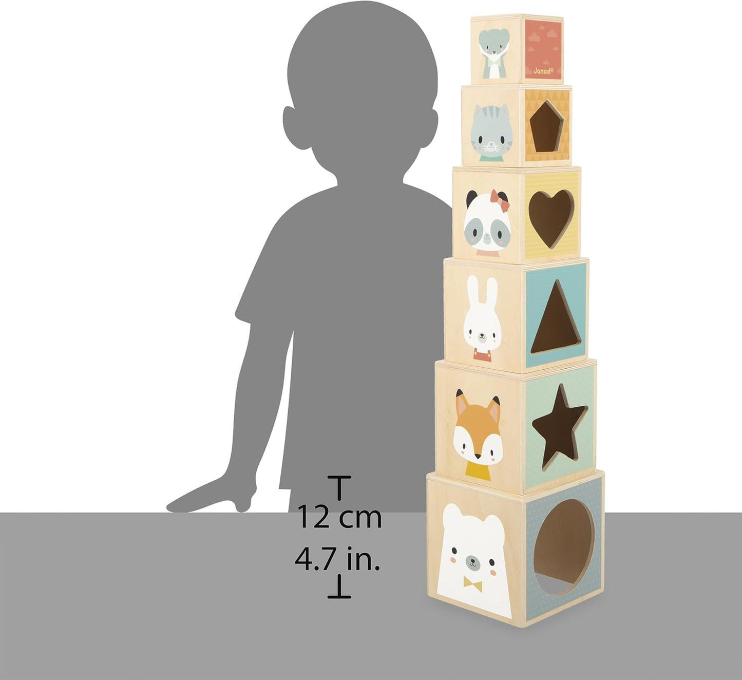 Janod - Minha primeira pirâmide de madeira - Brinquedo de aprendizagem precoce - 6 cubos empilháveis - Brinquedo de empilhar e encaixar - Desenvolve destreza e imaginação - Primeira idade - A partir de 12 meses, J05147