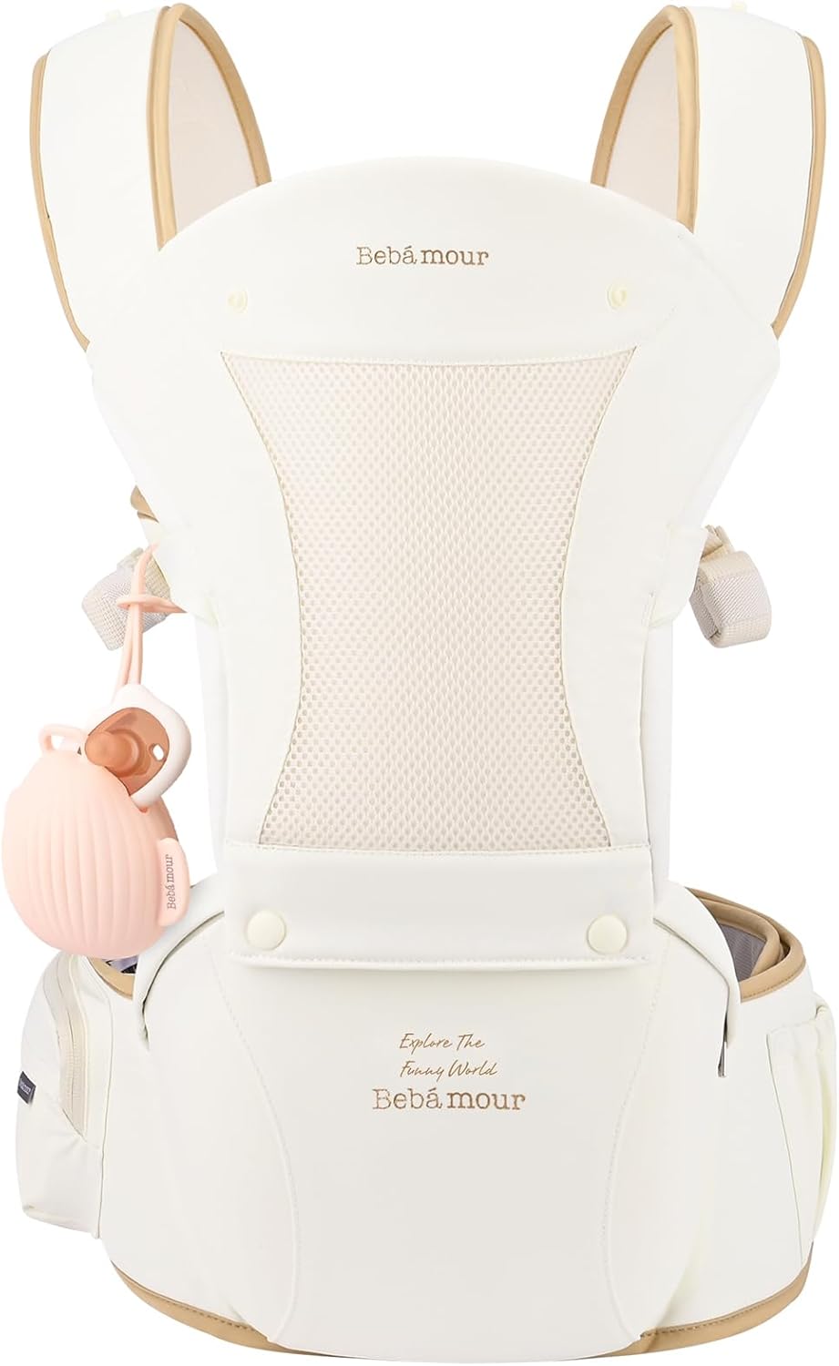 Bebamour Canguru para Bebê, para bebês de 0 a 36 meses, com assento de quadril, capuz para a cabeça, 3 protetores de dentição, extensor de cintura, bolsa de armazenamento e porta-chupeta (Bege)
