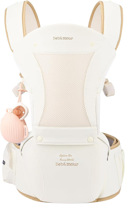 Bebamour Canguru para Bebê, para bebês de 0 a 36 meses, com assento de quadril, capuz para a cabeça, 3 protetores de dentição, extensor de cintura, bolsa de armazenamento e porta-chupeta (Bege)