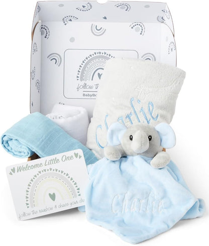 Baby Box Shop - Presentes personalizados para meninos, presente ideal para batizado: cobertor de lã, Baby Box Shop - 5 itens essenciais para recém-nascidos, ideais como presentes para chá de bebê e batizado, panos de musselina e presentes
