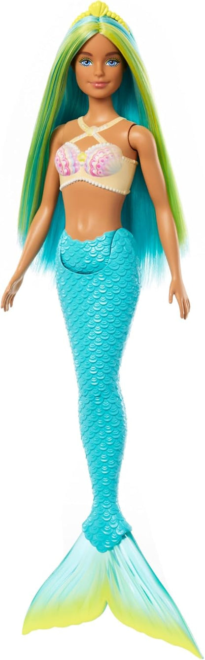 Barbie Bonecas de sereia com cabelo de fantasia e acessórios de faixa de cabeça, brinquedos de sereia com corpete inspirado em conchas e caudas coloridas, HR03