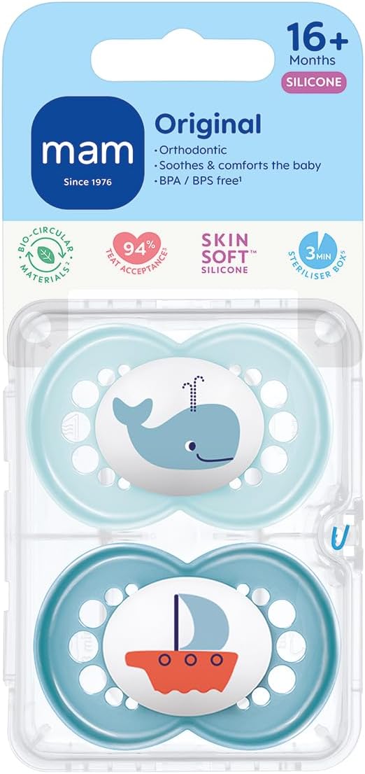 MAM Chupeta Original 16+ meses (conjunto de 2), chupeta para bebê feita de material sustentável e biorrenovável, tetina de silicone SkinSoft, com estojo para chupeta MAM, azul (os designs podem variar)
