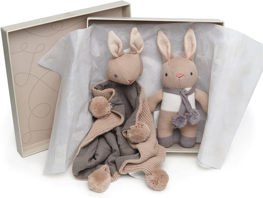 ThreadBear Design Baby Threads Bunny Taupe - Juego de regalo para bebé, edredón y sonajero de algodón orgánico