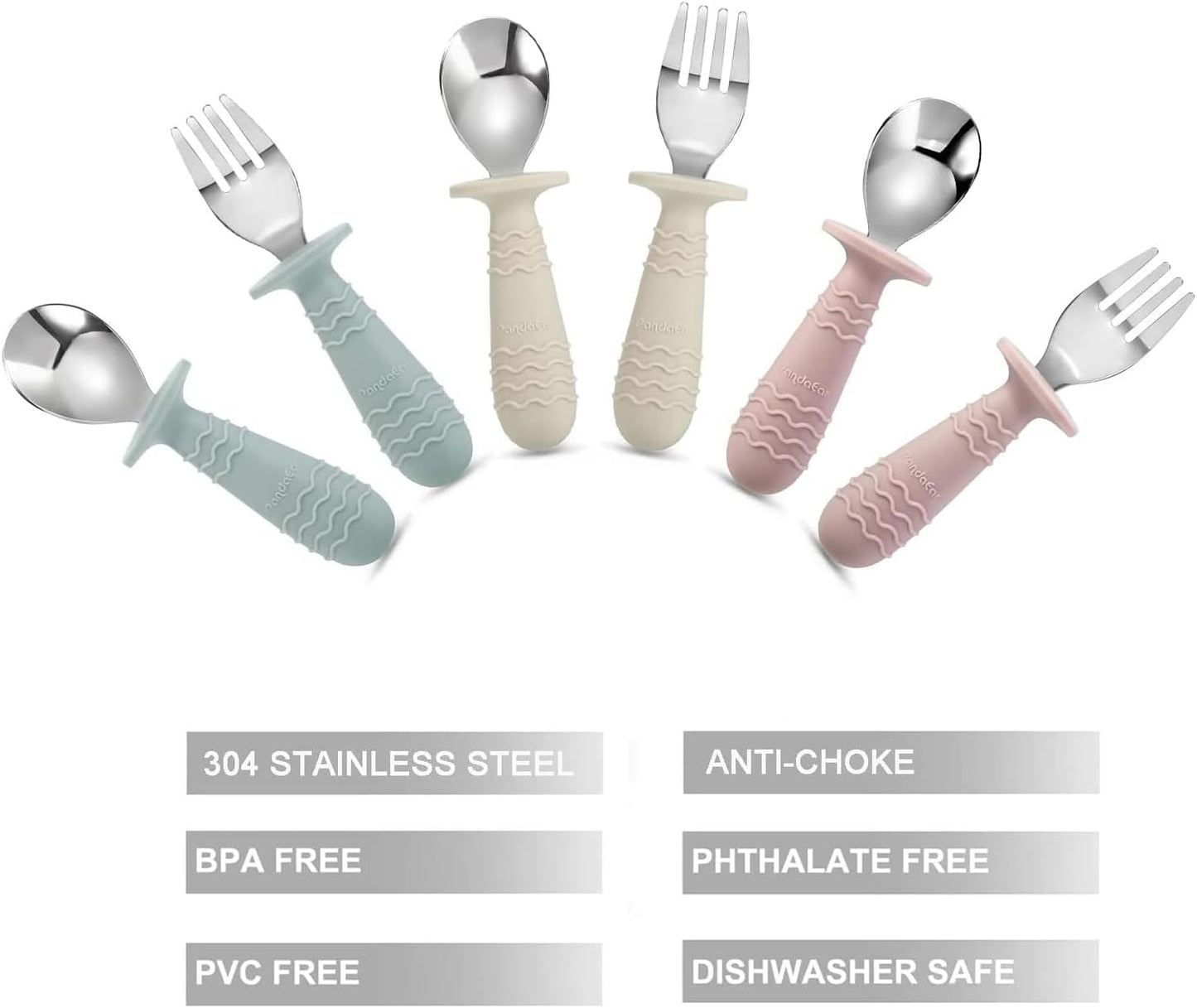 PandaEar Conjunto de 6 peças de talheres infantis em aço inoxidável e silicone, incluindo colher, garfo e cabo, livres de BPA e com design anti-engasgo (azul, rosa e branco).