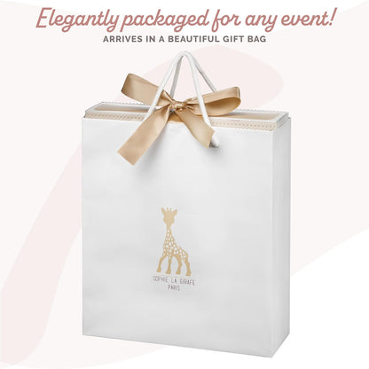 Sophie la girafe Conjunto de presente Sophiesticated Original com mordedor macio e chocalho sensorial, brinquedo de dentição para bebês 100% em borracha natural, caixa de presente com sacola e cartão.