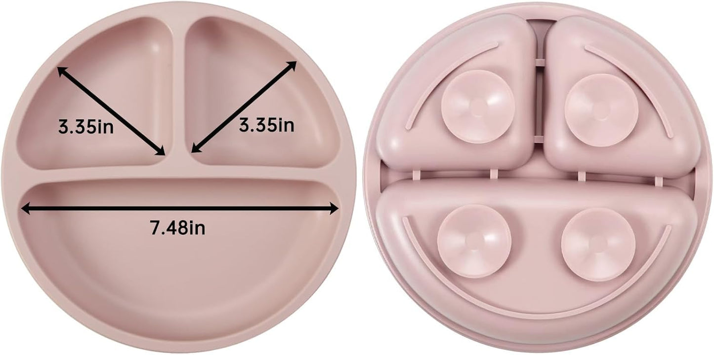 PandaEar Conjunto de 2 Pratos de Silicone com Ventosa para Bebês, Incluindo 2 Colheres e 2 Garfos para Introdução Alimentar, Pratos Divididos para Bebês e Crianças, Livre de BPA, Rosa