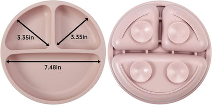 PandaEar Conjunto de 2 Pratos de Silicone com Ventosa para Bebês, Incluindo 2 Colheres e 2 Garfos para Introdução Alimentar, Pratos Divididos para Bebês e Crianças, Livre de BPA, Rosa