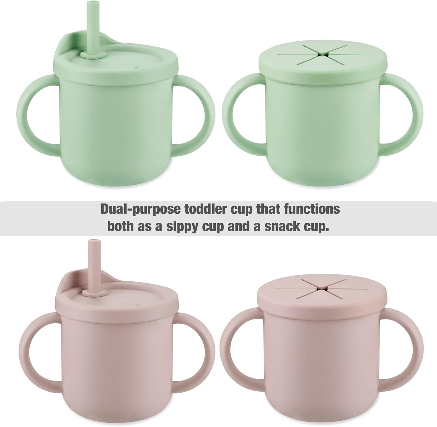 PandaEar Conjunto de 2 Copos de Silicone Multifuncionais com Canudo, Colheres e Garfos, para Bebês e Crianças Pequenas, Antivazamento, Rosa e Verde