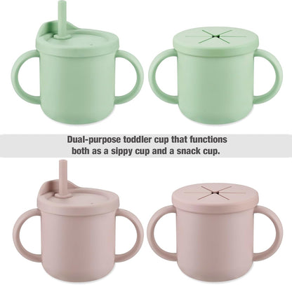 PandaEar Conjunto de 2 Copos de Silicone Multifuncionais com Canudo, Colheres e Garfos, para Bebês e Crianças Pequenas, Antivazamento, Rosa e Verde