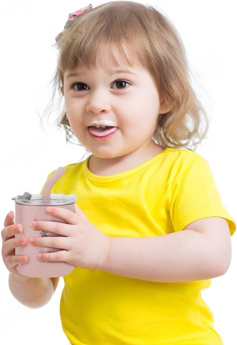 PandaEar Conjunto de alimentação infantil com 8 peças em aço inoxidável | 2 pratos divididos com ventosa, 2 copos de transição com canudo, 2 colheres e 2 garfos | Conjunto para introdução alimentar infantil livre de BPA