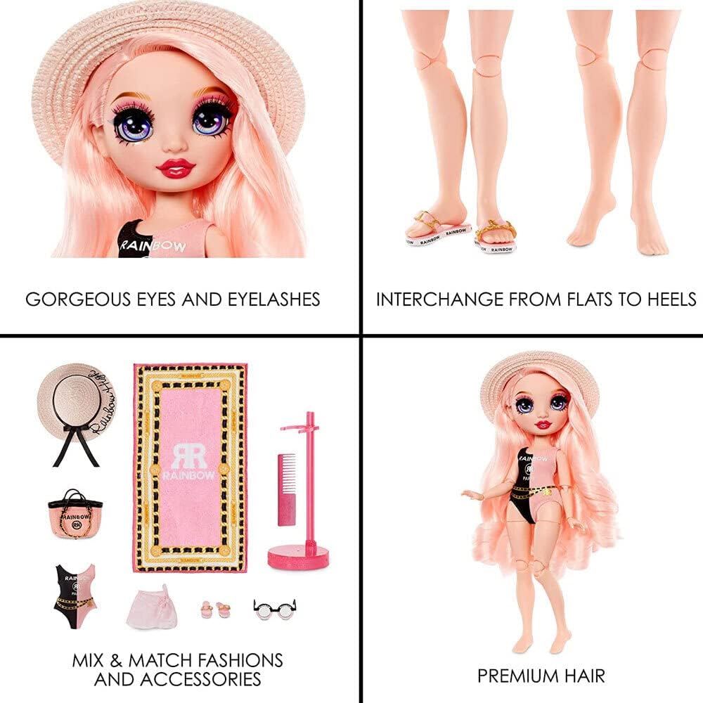 Rainbow High Pacific Coast - Bella Parker - Boneca Fashion Rosa com Roupa, Pernas Intercambiáveis e Suporte de Exibição - Inclui Toalha, Bolsa e Mais - Presente e Item de Colecionador para Crianças a partir de 6 Anos