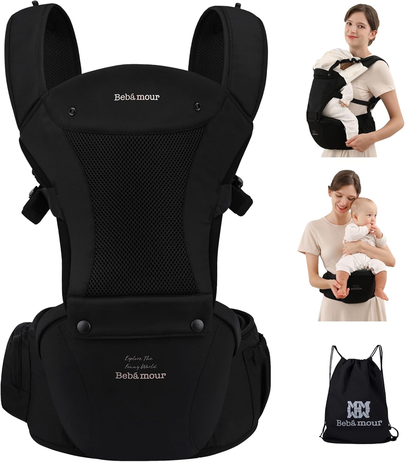 Bebamour Canguru para Bebê, para bebês de 0 a 36 meses, com assento de quadril, capuz para a cabeça, 3 protetores de dentição, extensor de cintura, preto.