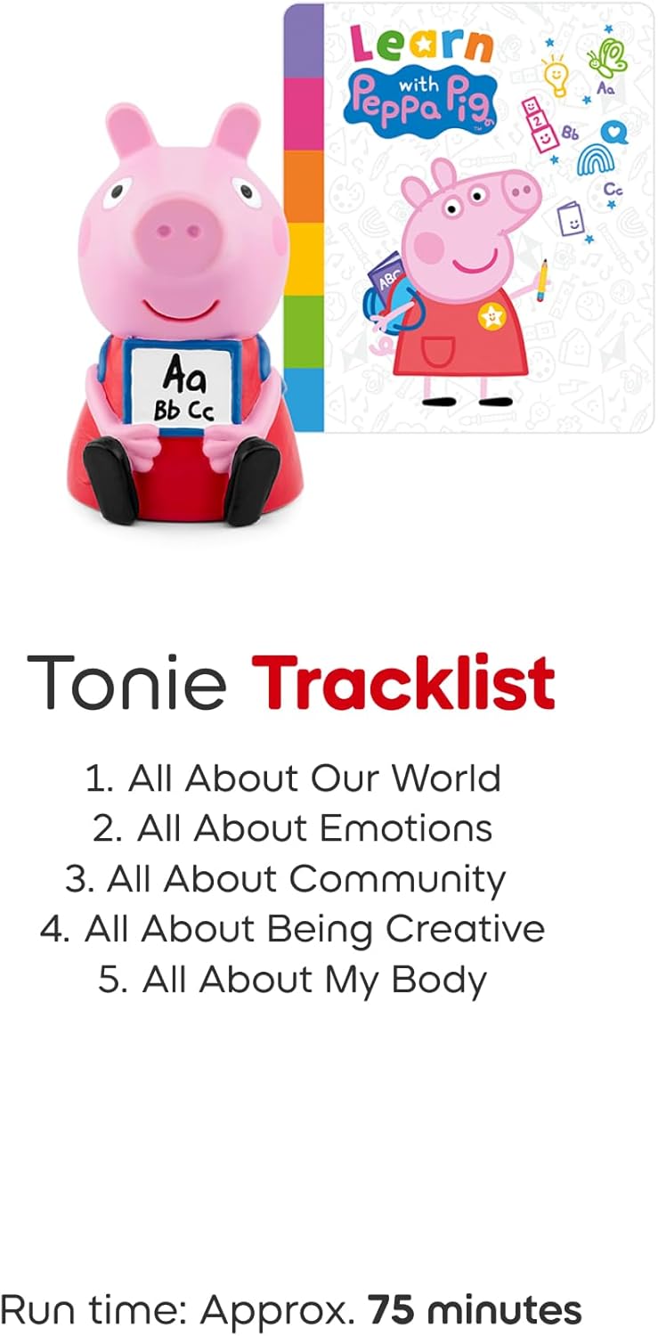 Pacote Toniebox 2 Tonies com 4 Tonies: Peppa Pig - George Pig, Histórias de ninar da Peppa, Peppa Pig - Aprenda com Peppa, Peppa Pig - Na estrada com Peppa, Sunset Red