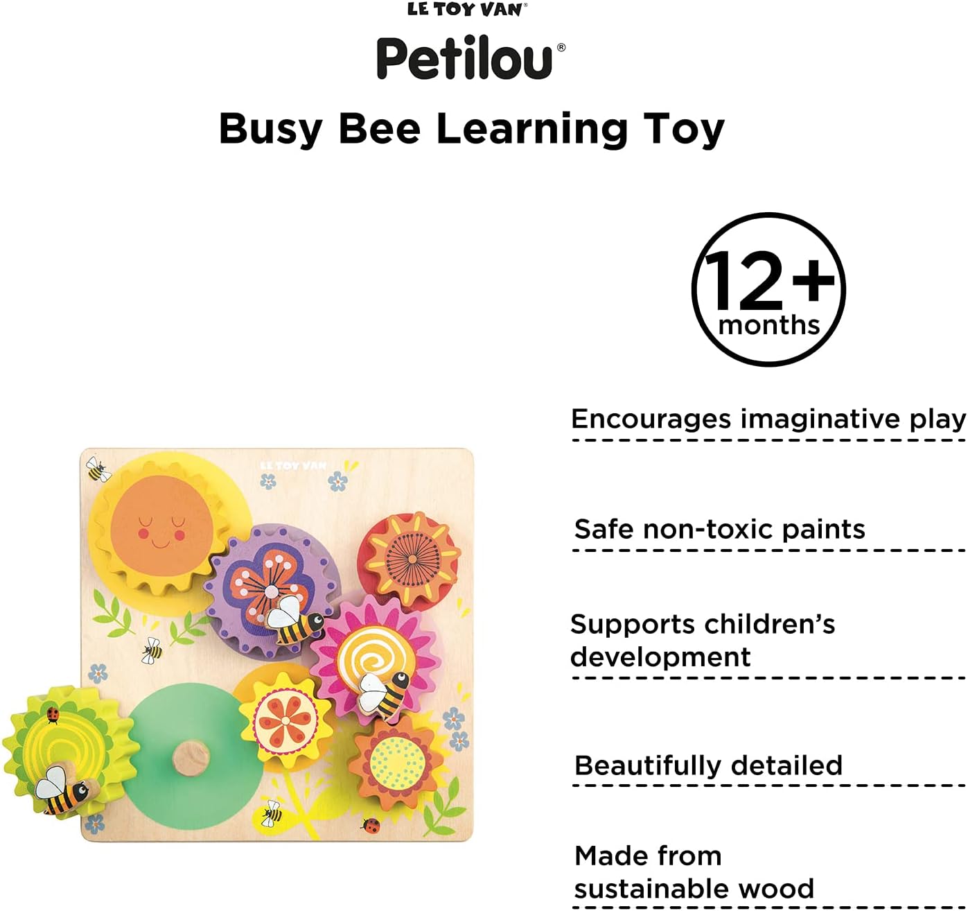 Le Toy Van - Petilou Juguete educativo de madera Montessori Gears &amp; Cogs 'Busy Bee Learning' | Juguete de actividad sensorial para niños pequeños a partir de 1 año