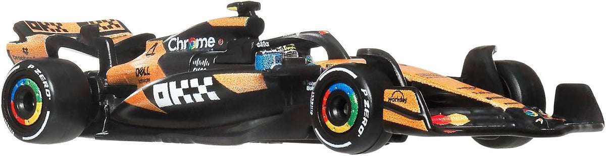 Hot Wheels Carro de corrida Premium da equipe McLaren Mastercard de Fórmula 1 | Carrinho colecionável do Lando Norris com pneus "Real Riders" e carroceria e chassi totalmente em metal