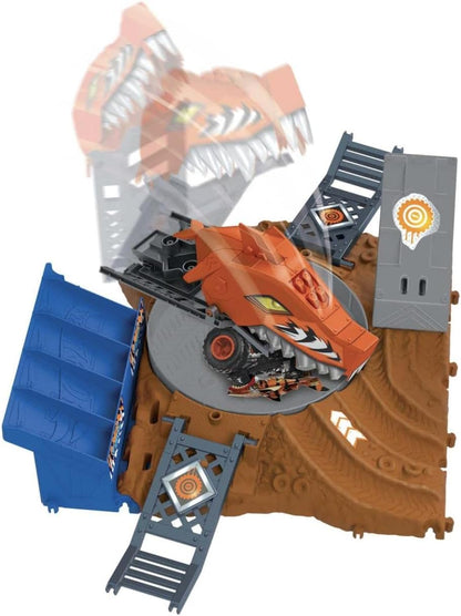 Hot Wheels Monster Trucks Arena Smashers Tiger Shark Spin-Out Challenge com um Tiger Shark em escala 1:64 e 2 carrinhos destrutíveis, HNB93