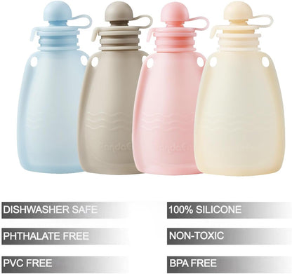 PandaEar Conjunto de 4 saquinhos de silicone reutilizáveis para papinha, ideais para bebês e crianças pequenas. Feitos de silicone livre de BPA, cada saquinho tem capacidade para 142 g (5 oz).