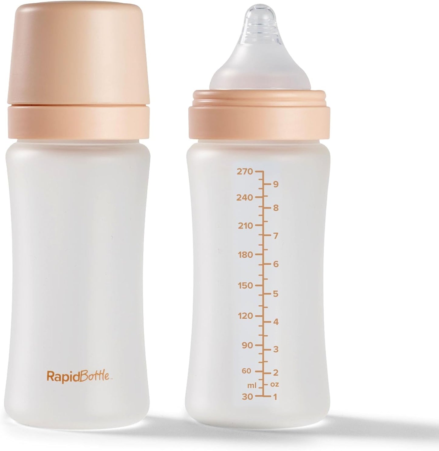 Nuby Kit com 2 Mamadeiras de Vidro Anticólicas RapidBottle - Mamadeira Rápida com Revestimento de Silicone e Bico Semelhante ao Seio Materno | Alimentação Rápida | Sem Microplásticos | Esterilização Rápida | 266ml (Bege)