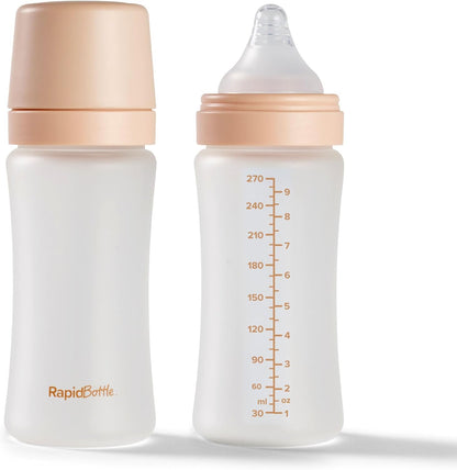 Nuby Kit com 2 Mamadeiras de Vidro Anticólicas RapidBottle - Mamadeira Rápida com Revestimento de Silicone e Bico Semelhante ao Seio Materno | Alimentação Rápida | Sem Microplásticos | Esterilização Rápida | 266ml (Bege)