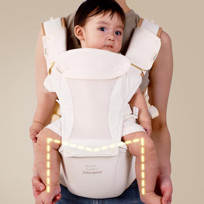 Bebamour Canguru para Bebê, para bebês de 0 a 36 meses, com assento de quadril, capuz para a cabeça, 3 protetores de dentição, extensor de cintura, bolsa de armazenamento e porta-chupeta (Bege)