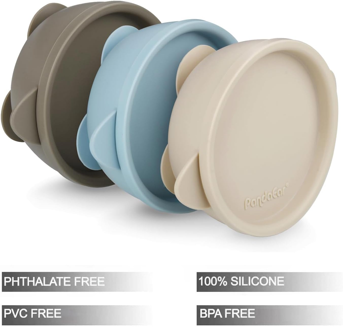 PandaEar Conjunto de 3 Tigelas de Silicone com Ventosa e Tampa para Bebês | Tigela de Silicone Antivazamento para Comida de Bebê, Crianças e Bebês | Tigelas Macias, Seguras e Livres de BPA, próprias para Alimentos (Azul, Marrom e Bege)