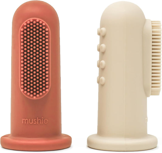 Mushie Escovas de dedo para bebês | Conjunto com 2 escovas de dedo de silicone | Primeira escova de dentes para bebês, acalma gengivas irritadas | Material: Silicone de grau alimentício (argila/areia movediça)