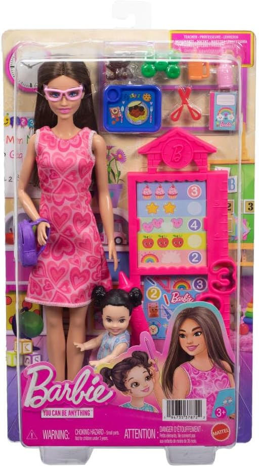 Barbie Conjunto Profissões Professora com Boneca Fashion Vestindo Vestido Removível, Boneca Criança Pequena, Quadro de Sala de Aula e Acessórios, JMK16