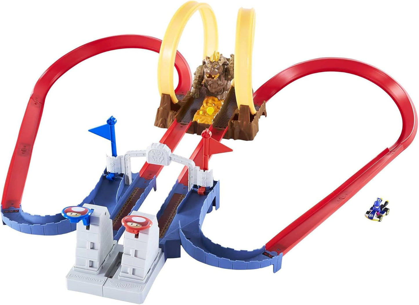 Hot Wheels Mario Kart Bowser’s Castle Chaos Pista Modular com Bandeiras de Volta para Corrida Lado a Lado e Figura do Bowser. Conecta-se a outros conjuntos. Ótima ideia de presente para crianças a partir de 3 anos.