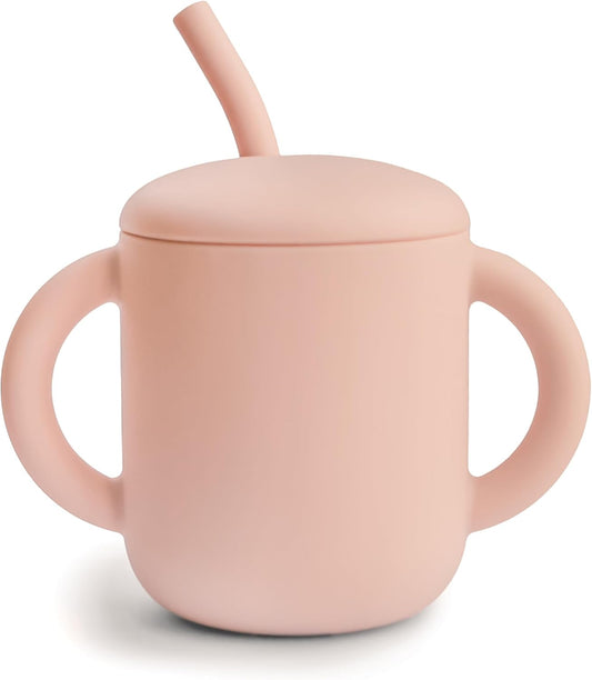 Mushie Copo de Treinamento em Silicone com Canudo | Copo de Transição para Bebês a partir de 6 Meses | Capacidade: 175 mL | Tampa Removível | Material: Silicone de Grau Alimentício | Pode ser lavado na lava-louças e usado no micro-ondas (Rosa Claro)