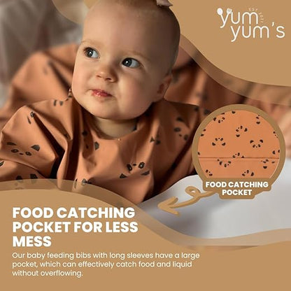 Yum Yum's Babador de silicone para desmame da Baby - Impermeável, fácil de limpar e confortável - Babador de manga comprida para bebês de 6 a 12 meses - Avental multifuncional para alimentação sem sujeira.