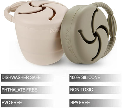 PandaEar Conjunto de 2 Potes para Lanches Infantis , Potes de Silicone Dobráveis para Bebês, Recipiente Antivazamento para Lanches, Coletor de Alimentos, Bege Claro/Nogueira