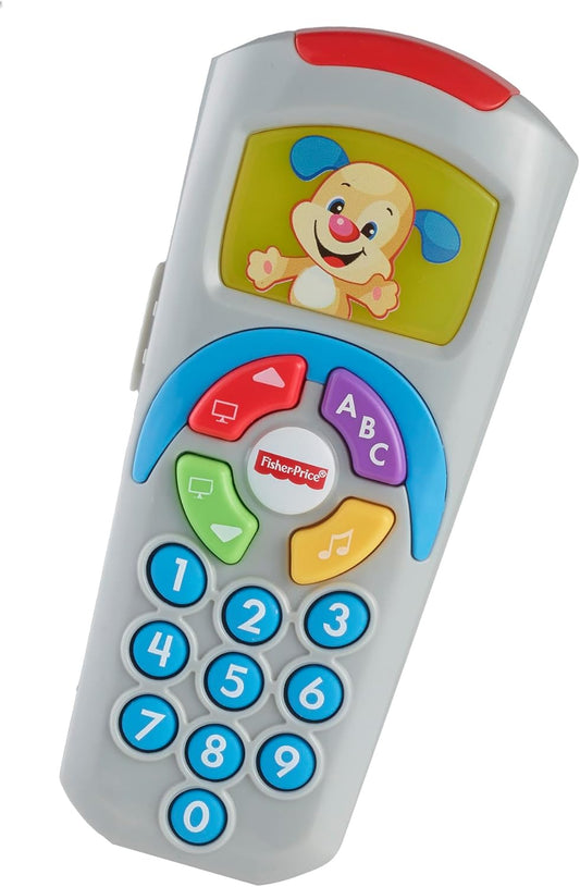 Controle remoto Fisher-Price Laugh and Learn, tela iluminada, versão em inglês do Reino Unido, botões e mais de 35 músicas, melodias e frases para cantar junto. Brinquedo educativo para bebês, desenvolvimento infantil. Versão em inglês DLD30