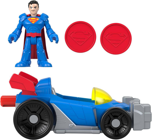 Fisher-Price Imaginext DC Super Friends Metal Force Supermobile - Carrinho de Brinquedo, Figura de Ação do Superman de 7,6 cm e Conjunto de Acessórios, Inclui Lançador e 2 Discos, JFJ69