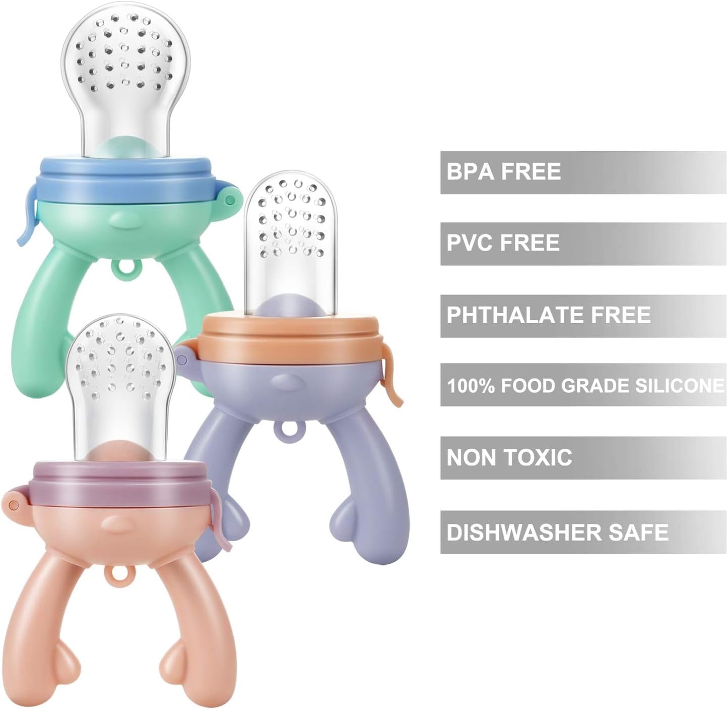 PandaEar Kit com 3 Chupetas e Mordedores para Alimentação de Frutas Frescas para Bebês | Colher Dosadora de Alimentos (1 Unidade) | 3 Sachês de Silicone Macios, Seguros e Livres de BPA para Alimentos | 2 Colheres Macias