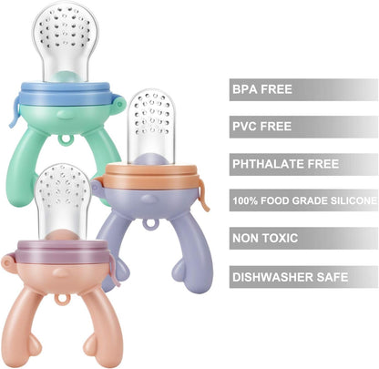 PandaEar Kit com 3 Chupetas e Mordedores para Alimentação de Frutas Frescas para Bebês | Colher Dosadora de Alimentos (1 Unidade) | 3 Sachês de Silicone Macios, Seguros e Livres de BPA para Alimentos | 2 Colheres Macias
