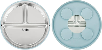 PandaEar Conjunto de alimentação infantil 6 em 1 em aço inoxidável – Conjunto para introdução alimentar com conjunto de jantar de silicone, conjunto de prato infantil, prato dividido com ventosa, tigela, copo de transição com canudo,