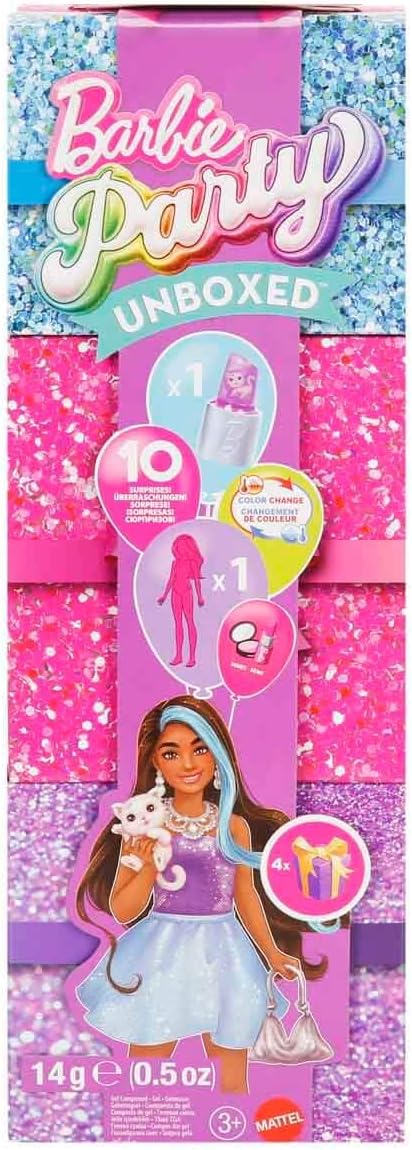 Barbie Festa sem Caixa: Boneca e Acessórios, Série Festa Glamourosa com 10 Surpresas, Incluindo Boneca Roxa Brilhante que Muda de Cor, JFY66