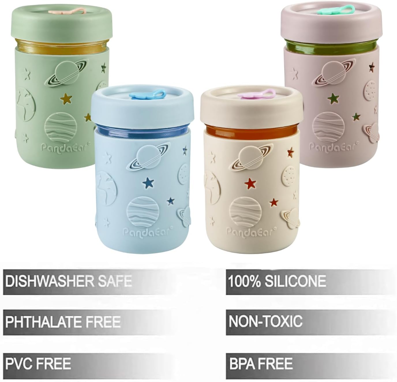 PandaEar Conjunto de 4 copos de vidro para crianças e bebês, copos de vidro estilo Mason Jar de 250ml com capas de silicone e canudos, copos anti-vazamento para smoothies infantis.