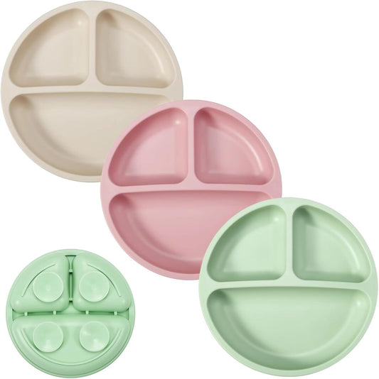 PandaEar Pratos com ventosa para bebês e crianças pequenas, pacote com 3 unidades, divididos e com ventosa, 100% silicone de qualidade alimentar, antiderrapantes, ideais para introdução alimentar BLW (Baby Led Weaning)