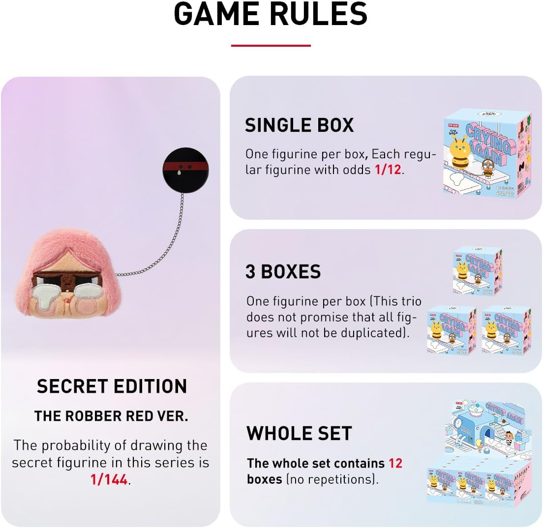 POP MART CRYBABY Crying Again Series - Conjunto completo de bonecos de pelúcia com emblema, design premium, presentes para mulheres, boneco de ação colecionável chique e favorito dos fãs