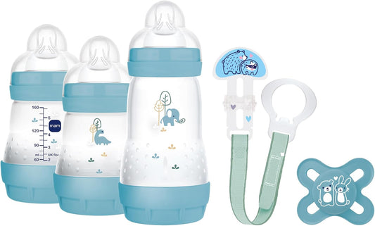 MAM Conjunto de mamadeira Welcome to the World G101-3, Easy Start, anticólica, com 1 chupeta Start e 1 prendedor de corrente, 0+ meses, azul, versão espanhola.