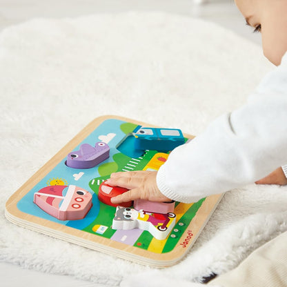 Janod - Quebra-cabeça robusto de “Veículos” - Madeira FSC - 7 peças - Desenvolve habilidades motoras finas, concentração e imaginação - 18 meses +,