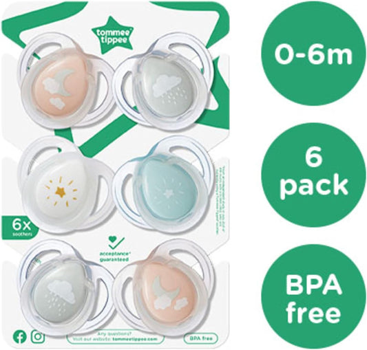 Tommee Tippee Chupetes nocturnos para recién nacidos, diseño de ortodoncia simétrico, bolsa de silicona sin BPA, 0-6 m, paquete de 6 chupetes